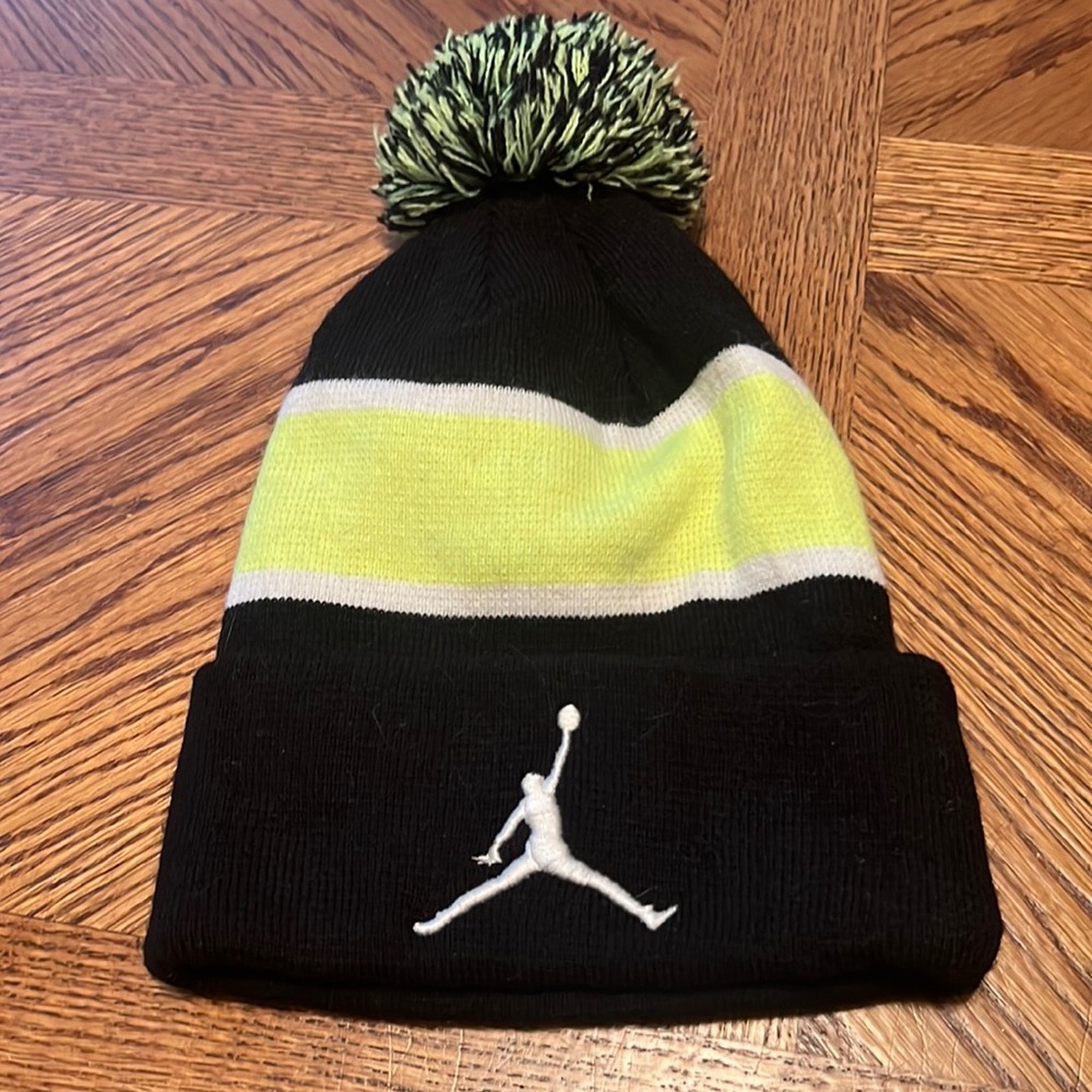 Jordan black white and neon yellow w/ Pom Pom Knit Winter Hat Youth One Size